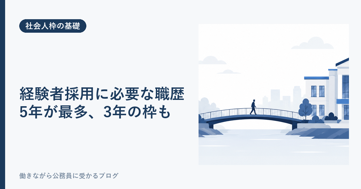 公務員の経験者採用に必要な職務経験年数。5年が最多だが3年で受けられる自治体もあることを示す記事のアイキャッチ
