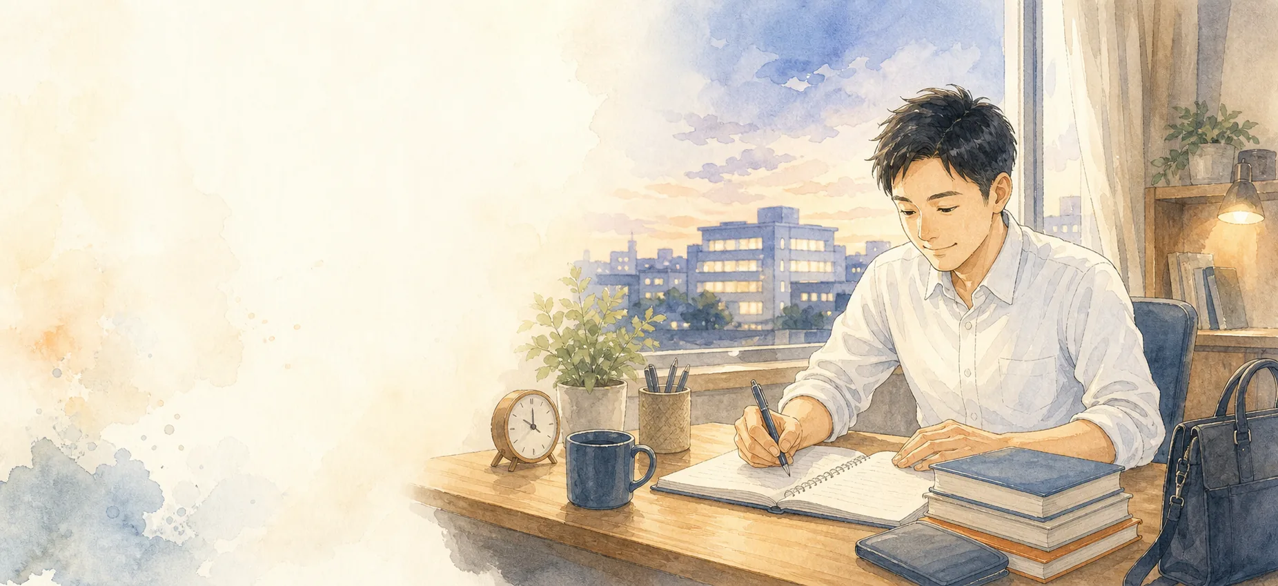 仕事を終えて公務員試験の勉強をする社会人の水彩イラスト