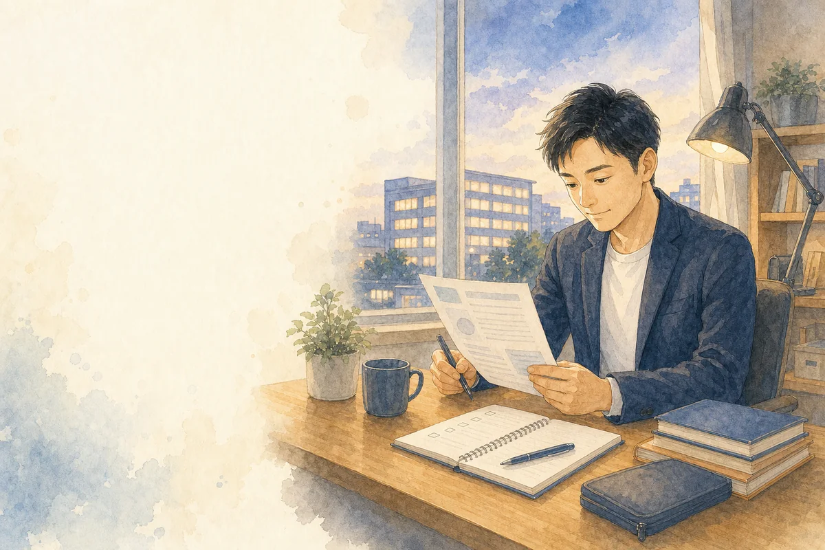 公務員経験者採用の自己PRを準備する社会人の水彩イラスト